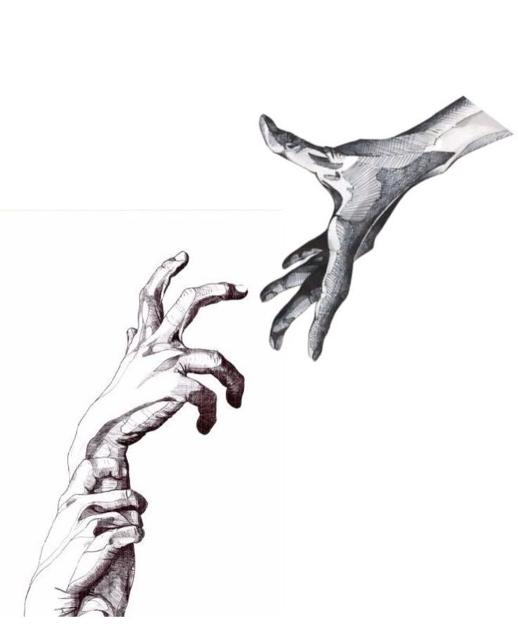 Illustrated hands reaching toward each other, symbolizing connection and interaction on white background.