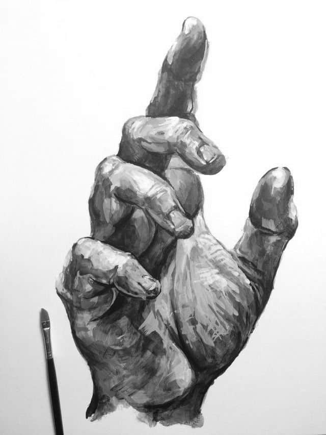 Black and white painting of a hand with fingers spread, next to a paintbrush. Realistic artistic expression on white background.