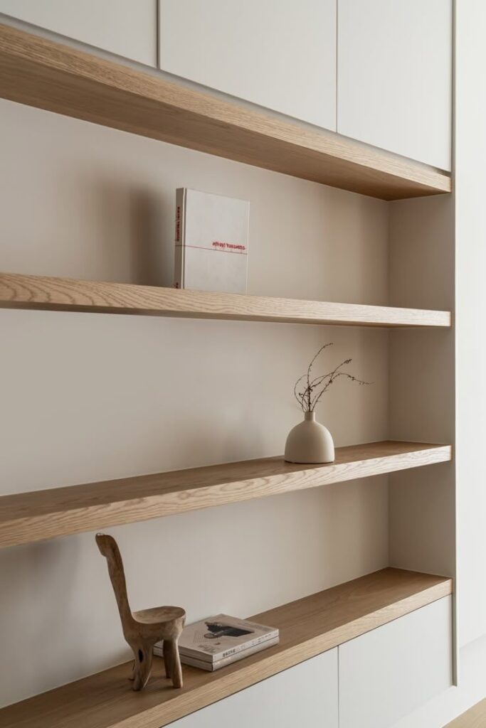 _ - 2025-12-01T200520674 Minimalist wooden shelves with books, a vase, and a small sculpture in a modern interior, showcasing simple and elegant home decor. | Sky Rye Design Minimalist wooden shelves with books, a vase, and a small sculpture in a modern interior, showcasing simple and elegant home decor.