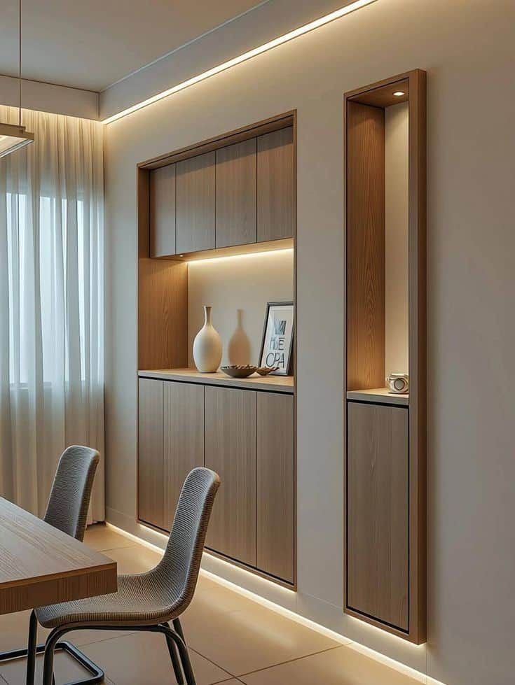 _ - 2025-12-01T200743197 Modern dining room with elegant wooden cabinetry, soft lighting, and stylish chairs, creating a warm and inviting atmosphere ideal for dining. | Sky Rye Design Modern dining room with elegant wooden cabinetry, soft lighting, and stylish chairs, creating a warm and inviting atmosphere ideal for dining.