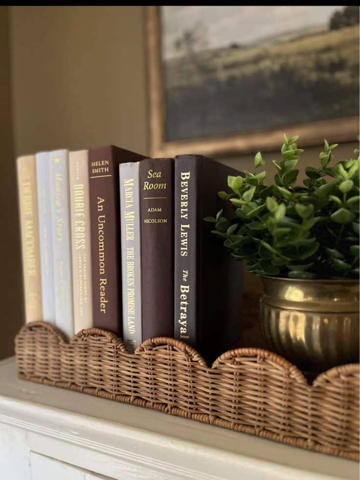 _ - 2025-12-01T204029577 Books arranged in a woven basket next to a green potted plant, creating a cozy and inviting home library atmosphere. | Sky Rye Design Books arranged in a woven basket next to a green potted plant, creating a cozy and inviting home library atmosphere.