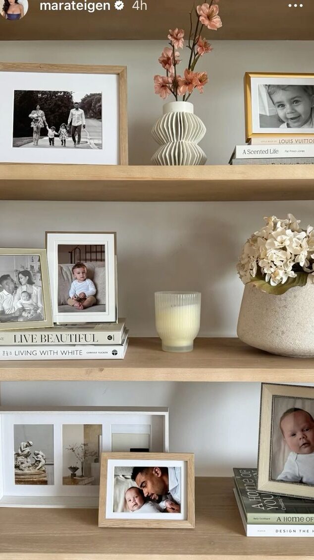 _ - 2025-12-01T204539230 Stylish wooden shelves with family photos, books, a white vase with flowers, and a pot of white hydrangeas create a cozy display. | Sky Rye Design Stylish wooden shelves with family photos, books, a white vase with flowers, and a pot of white hydrangeas create a cozy display.