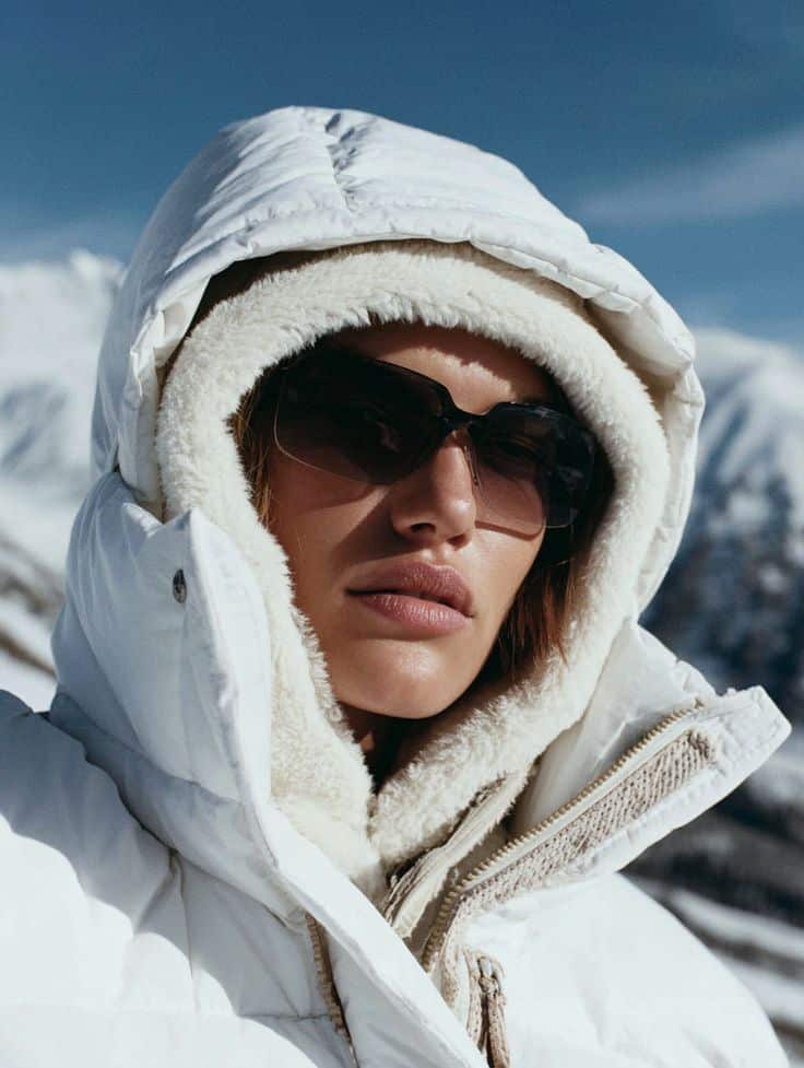 _ - 2025-12-04T130129516 Woman in white winter jacket and sunglasses, standing against snowy mountain backdrop under clear blue sky. Ideal for winter fashion. | Sky Rye Design Woman in white winter jacket and sunglasses, standing against snowy mountain backdrop under clear blue sky. Ideal for winter fashion.