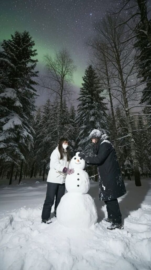 _ - 2025-12-04T133406683 Two people build a snowman under a starry winter sky with visible northern lights, surrounded by snowy trees. | Sky Rye Design Two people build a snowman under a starry winter sky with visible northern lights, surrounded by snowy trees.