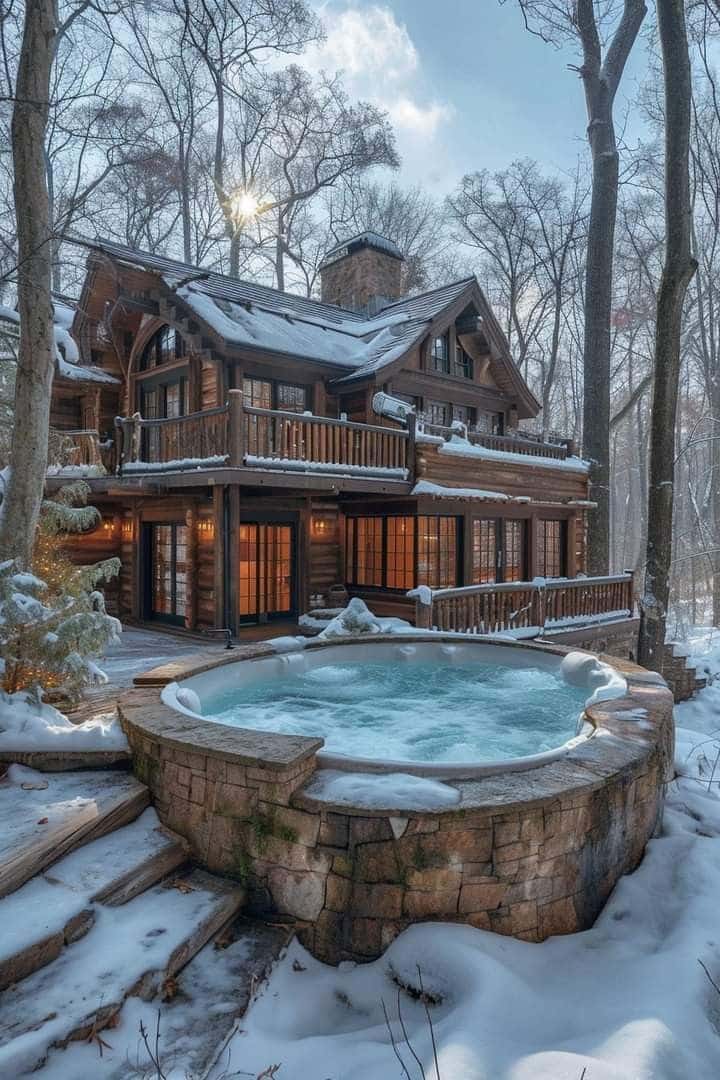 Charming snow-covered log cabin with outdoor hot tub in a forest setting, basking in winter sun. Cozy retreat ideal for winter getaways.