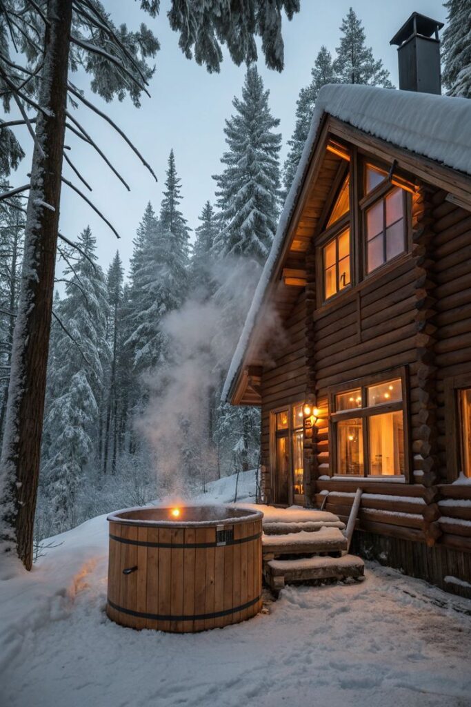 Cozy snowy cabin with lit windows and a steaming wooden hot tub in a tranquil winter forest setting.