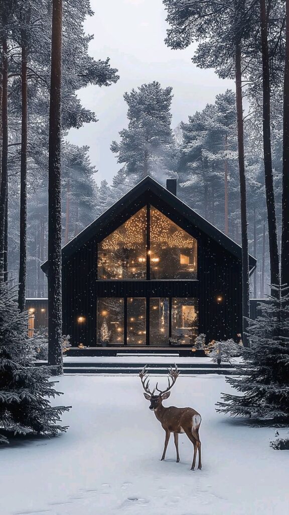 Cozy winter cabin with glowing lights in snowy forest, with a deer standing in the snow. Tranquil holiday scene capturing nature's beauty.