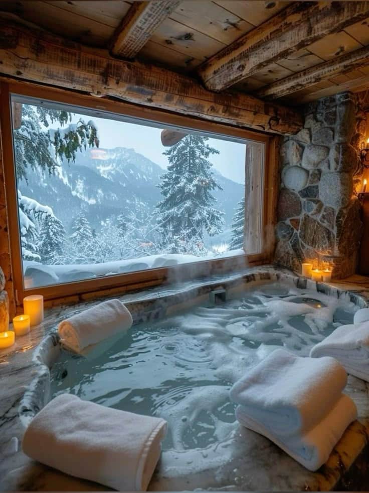 Luxurious spa bath with candles and snowy mountain view through a large window, perfect for relaxation and winter getaway enjoyment.