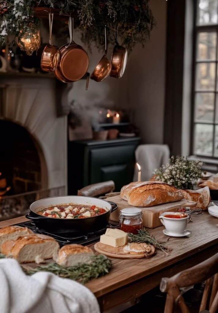 Cozy kitchen scene with rustic bread, soup, and copper pots by a fireplace. Warm ambiance with candles and herbs. Ideal for autumn meals.