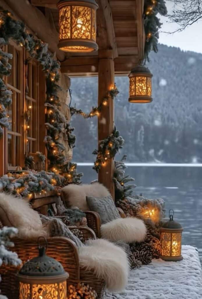 Cozy winter cabin porch with lanterns, snow, and festive lights overlooking a serene lake and forest. Ideal holiday retreat setting.