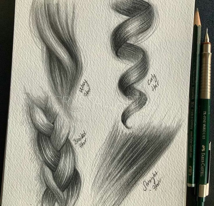 _ - 2025-12-05T155835089 Pencil drawing illustrating different hair textures: wavy, curly, braided, and straight, with Faber-Castell pencils beside it. | Sky Rye Design Pencil drawing illustrating different hair textures: wavy, curly, braided, and straight, with Faber-Castell pencils beside it.