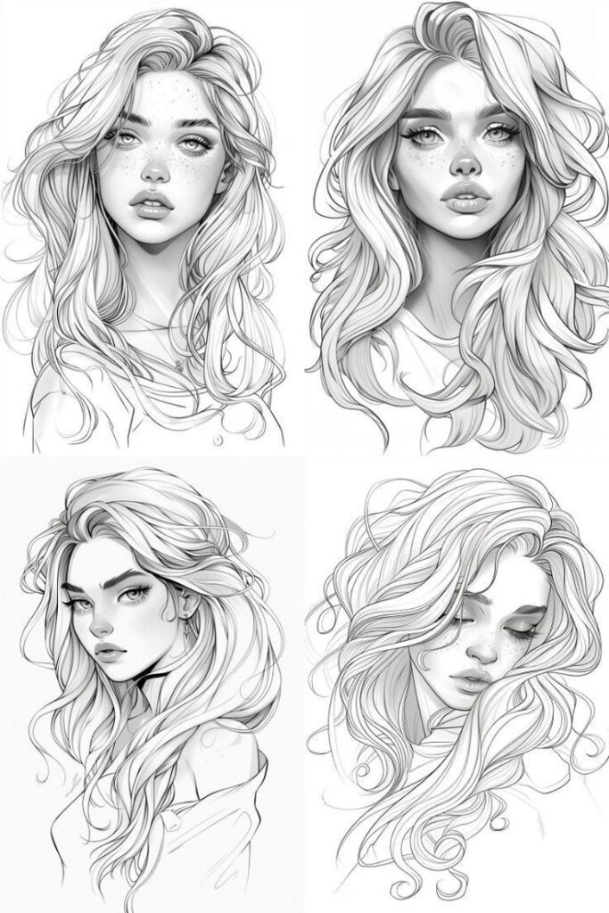 _ - 2025-12-05T160553596 Illustrated portraits of four women with flowing hair and varying expressions, showcasing artistic style and intricate linework. | Sky Rye Design Illustrated portraits of four women with flowing hair and varying expressions, showcasing artistic style and intricate linework. Drawing Realistic Hair