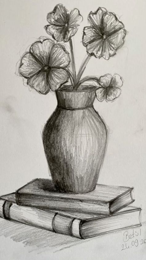 Pencil sketch of a vase with flowers on a stack of books, highlighting artistic detail and shading.