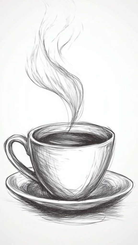 Sketch of a steaming coffee cup on a saucer, capturing the essence of a hot beverage in an artistic black-and-white drawing.