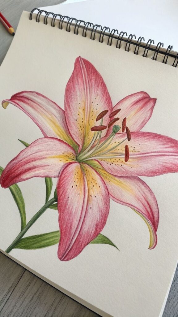 Detailed colored pencil drawing of a pink lily on a sketchbook, showcasing intricate petal textures, stamen details, and green leaves.