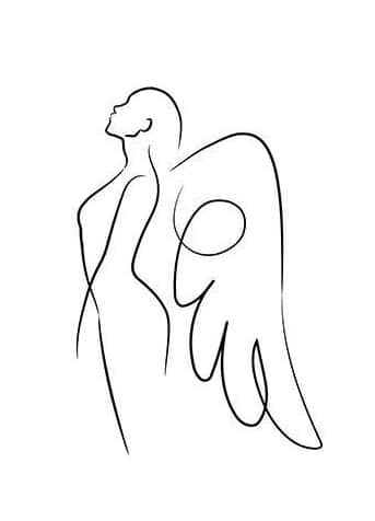 Minimalist angel line art depicting a figure with wings, drawn in continuous black lines on a white background.