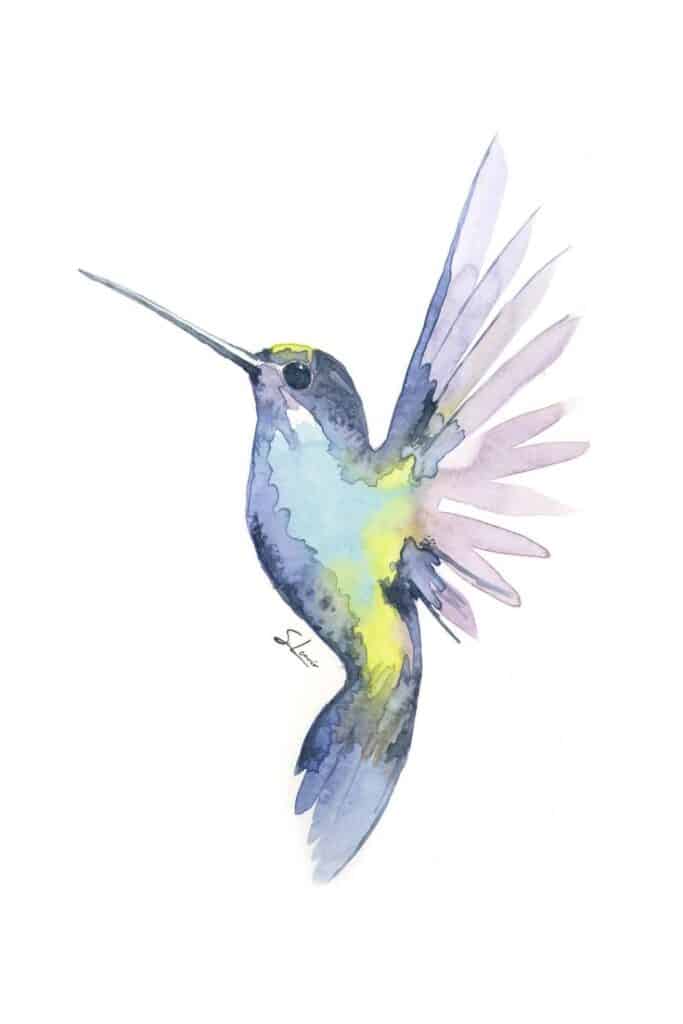 Watercolor hummingbird painting with vibrant purple and blue hues, gracefully mid-flight on a white background.