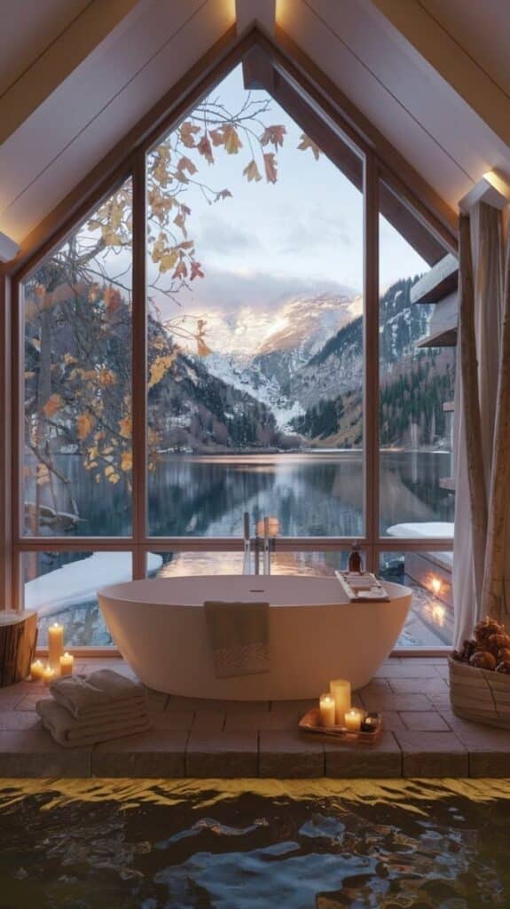 _ - 2025-12-05T221518641 Luxurious bathtub with candles and mountain lake view through a large window, creating a perfect winter retreat ambiance. | Sky Rye Design Luxurious bathtub with candles and mountain lake view through a large window, creating a perfect winter retreat ambiance.