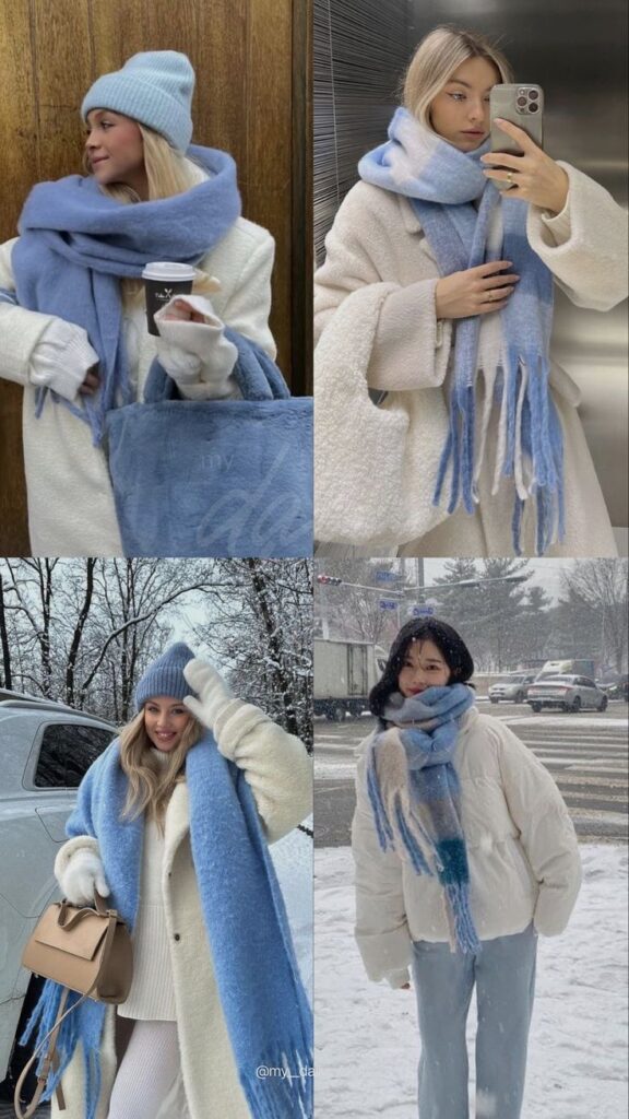 Stylish winter outfits featuring cozy blue scarves and white coats, perfect for snowy weather fashion inspiration.