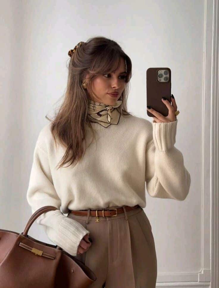 Woman wearing beige sweater and scarf, taking mirror selfie with phone, holding brown handbag. Fashionable autumn outfit indoors.