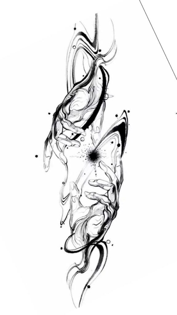 Abstract black and white illustration featuring two hands surrounding a swirling cosmic design with dots and lines, creating a dynamic effect.