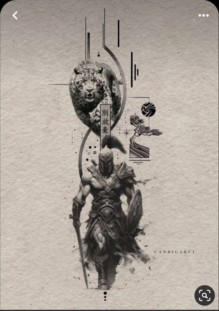 Fierce armored warrior with spear and shield, accompanied by a tiger, surrounded by symbolic Asian-inspired design elements.