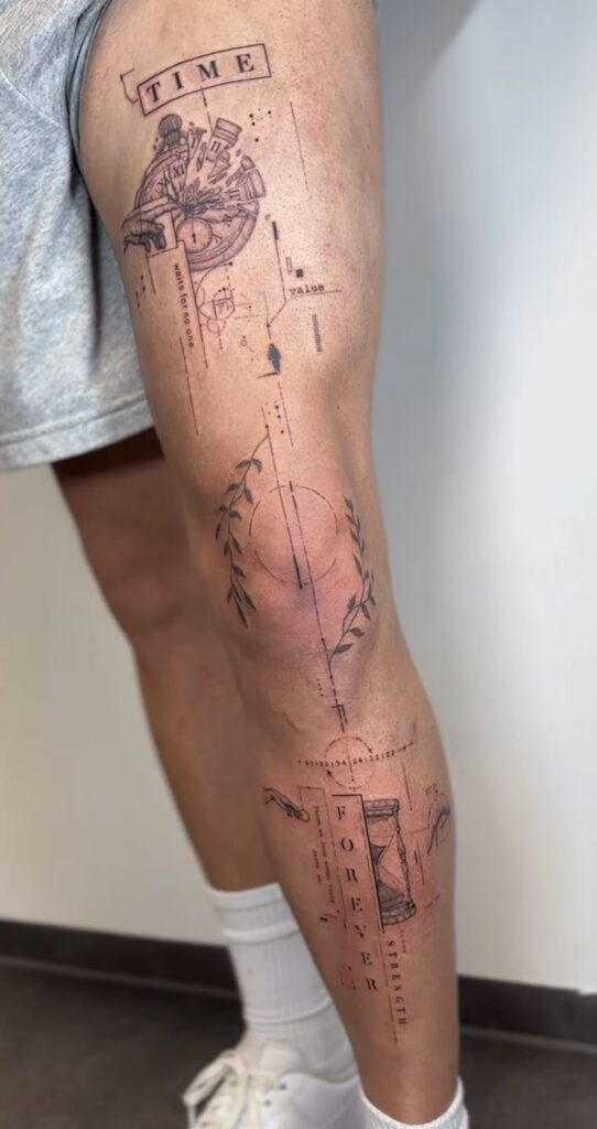 Abstract leg tattoo with clock, laurel wreath, and hourglass motifs symbolizing time, eternity, and strength.