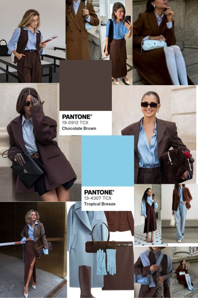 _ - 2025-12-10T115500088 Fashion collage with outfits in Pantone Chocolate Brown and Tropical Breeze, featuring blue shirts, brown coats, and stylish accessories. | Sky Rye Design Fashion collage with outfits in Pantone Chocolate Brown and Tropical Breeze, featuring blue shirts, brown coats, and stylish accessories.