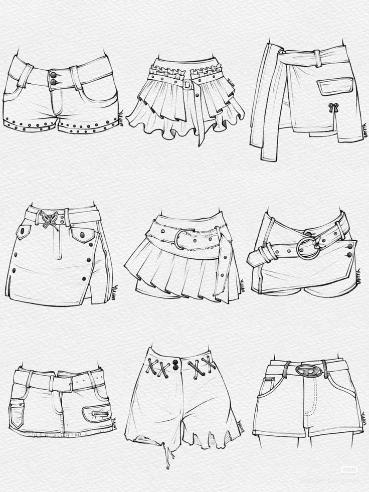 _ - 2025-12-10T115938397 Illustrated collection of nine trendy mini skirt and shorts designs, featuring belts, pleats, and unique details on a textured background. | Sky Rye Design Illustrated collection of nine trendy mini skirt and shorts designs, featuring belts, pleats, and unique details on a textured background.