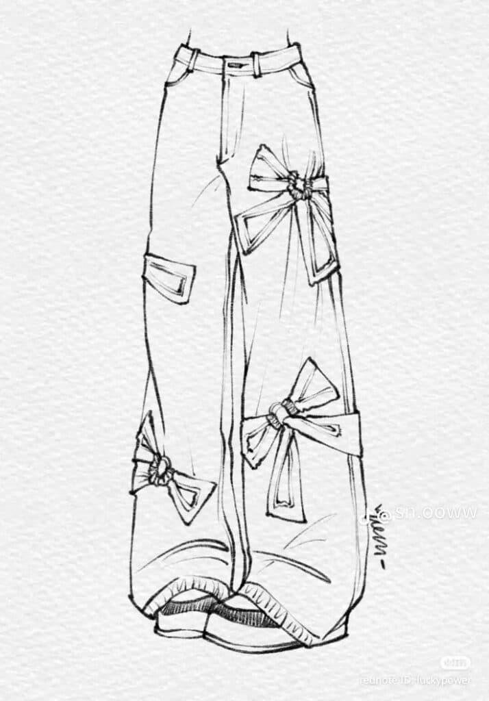 _ - 2025-12-10T120007629 Sketch of wide-leg pants with bow details and patch pockets, emphasizing a stylish, trendy fashion design on textured paper. | Sky Rye Design Sketch of wide-leg pants with bow details and patch pockets, emphasizing a stylish, trendy fashion design on textured paper.