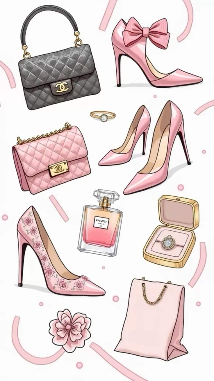 _ - 2025-12-10T120223953 Illustrated fashion accessories: pink high heels, handbags, perfume, and jewelry create a chic, elegant style. Perfect for glamorous looks. | Sky Rye Design Illustrated fashion accessories: pink high heels, handbags, perfume, and jewelry create a chic, elegant style. Perfect for glamorous looks.