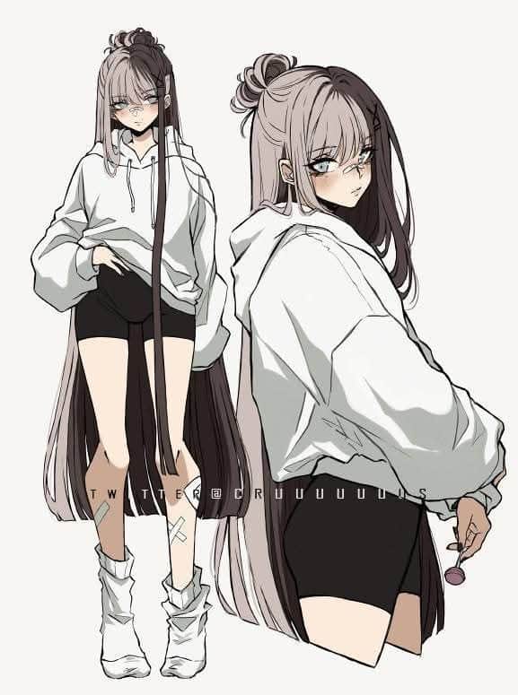 _ - 2025-12-10T120511616 Anime girl with long hair in a stylish outfit, featuring a white hoodie and black shorts, posing confidently. | Sky Rye Design Anime girl with long hair in a stylish outfit, featuring a white hoodie and black shorts, posing confidently.