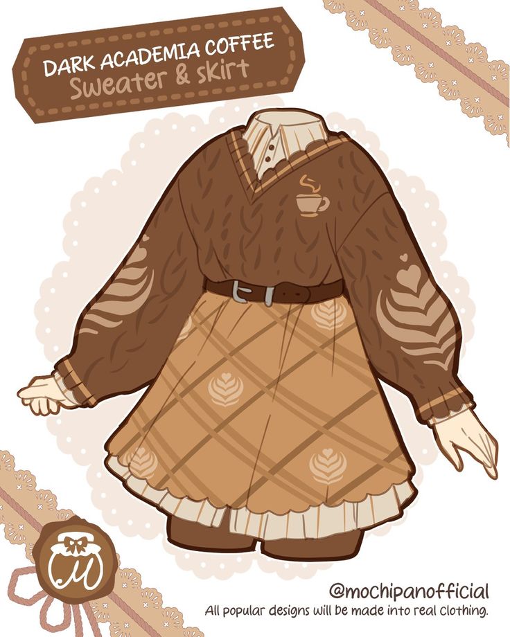 _ - 2025-12-10T120829953 Illustrated brown sweater and skirt set with coffee and heart motifs, labeled Dark Academia Coffee. Cozy fashion ensemble. | Sky Rye Design Illustrated brown sweater and skirt set with coffee and heart motifs, labeled Dark Academia Coffee. Cozy fashion ensemble.