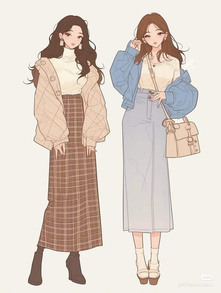 _ - 2025-12-10T121059680 Two anime-style women in fashionable outfits, including a plaid skirt and denim jeans, posing with stylish outerwear and accessories. | Sky Rye Design Two anime-style women in fashionable outfits, including a plaid skirt and denim jeans, posing with stylish outerwear and accessories.