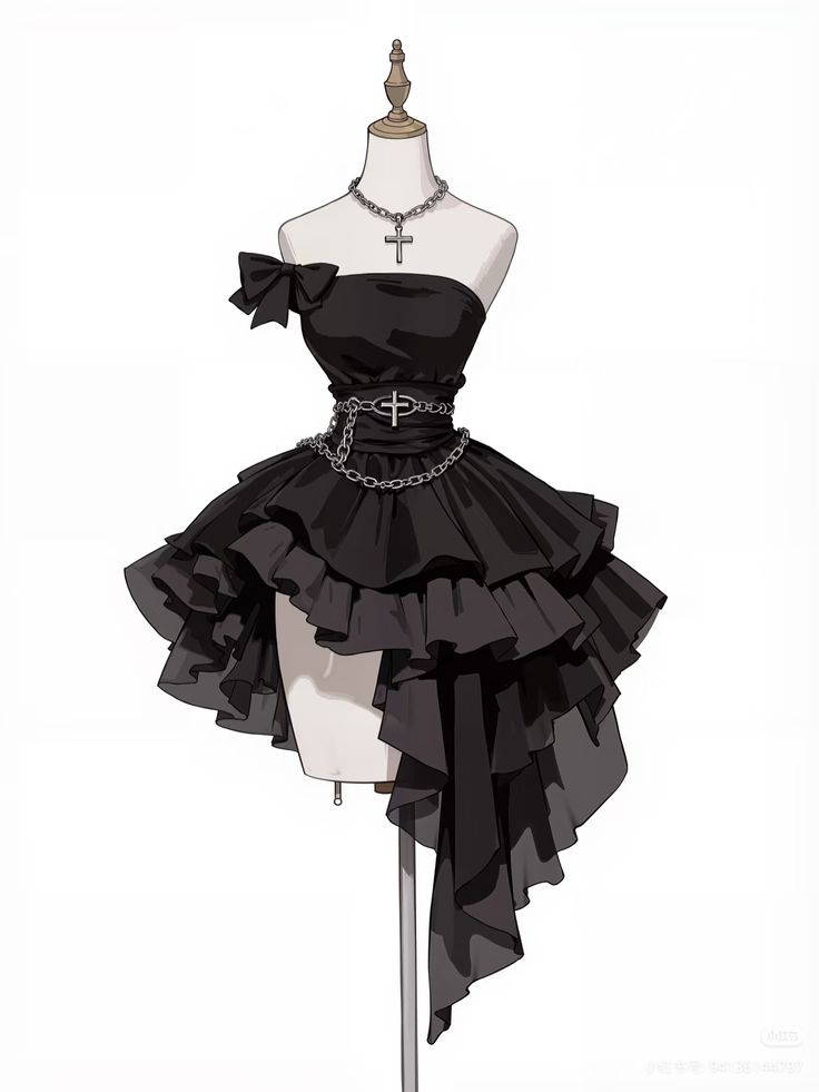 _ - 2025-12-10T121137319 Gothic-inspired black dress with ruffles and chain details on mannequin, featuring a cross necklace for an edgy fashion statement. | Sky Rye Design Gothic-inspired black dress with ruffles and chain details on mannequin, featuring a cross necklace for an edgy fashion statement.