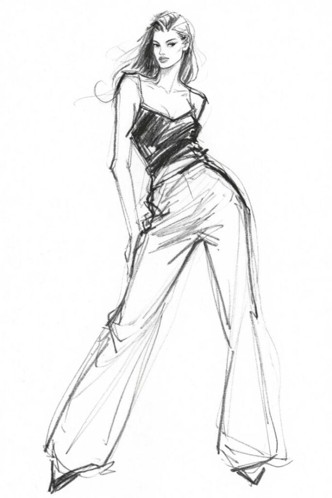 _ - 2025-12-10T121336935 Fashion illustration of a stylish woman in a chic black top and wide-legged pants, showcasing modern elegance and confident poise. | Sky Rye Design Fashion illustration of a stylish woman in a chic black top and wide-legged pants, showcasing modern elegance and confident poise.