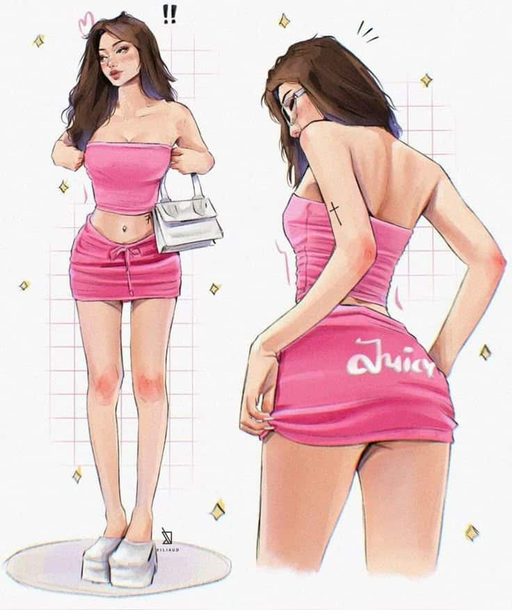 _ - 2025-12-10T121651416 Animated woman in a pink strapless dress and white heels, holding a white handbag, with attention to style details and accessories. | Sky Rye Design Animated woman in a pink strapless dress and white heels, holding a white handbag, with attention to style details and accessories.