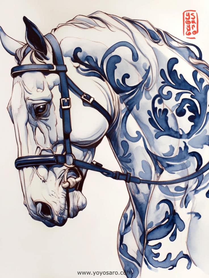 _ - 2025-12-10T130142784 Illustration of a horse with intricate blue floral patterns on its body, wearing a bridle, on a light background. | Sky Rye Design Illustration of a horse with intricate blue floral patterns on its body, wearing a bridle, on a light background.
