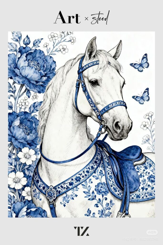 _ - 2025-12-10T130146412 Illustrated white horse in blue floral harness, surrounded by butterflies and flowers, artful design perfect for equestrian decor. | Sky Rye Design Illustrated white horse in blue floral harness, surrounded by butterflies and flowers, artful design perfect for equestrian decor.