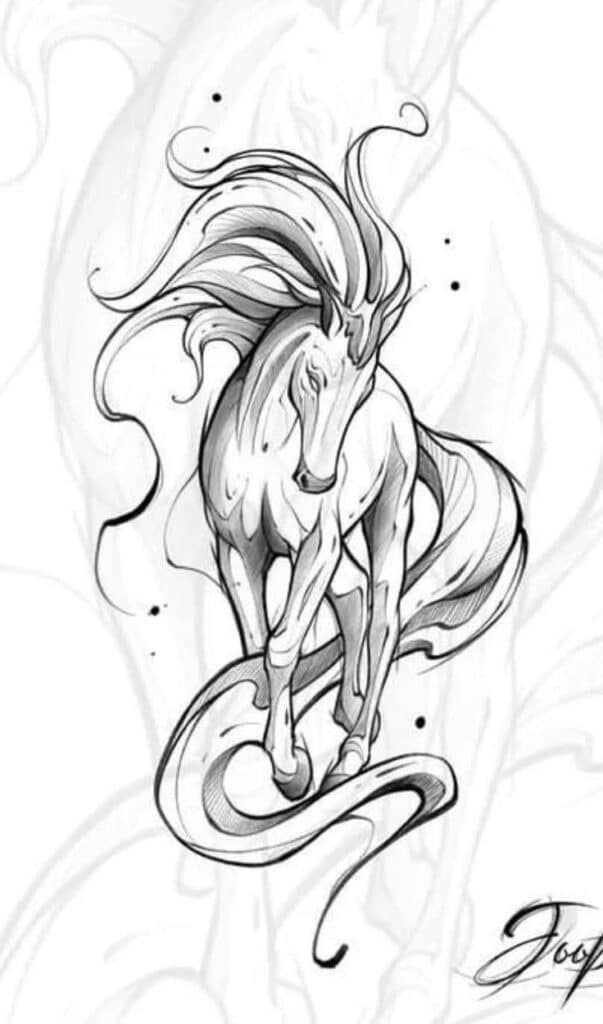 _ - 2025-12-10T130256690 Stylized black and white horse illustration, elegantly detailed with flowing mane and tail, reminiscent of dynamic motion and grace. | Sky Rye Design Stylized black and white horse illustration, elegantly detailed with flowing mane and tail, reminiscent of dynamic motion and grace.