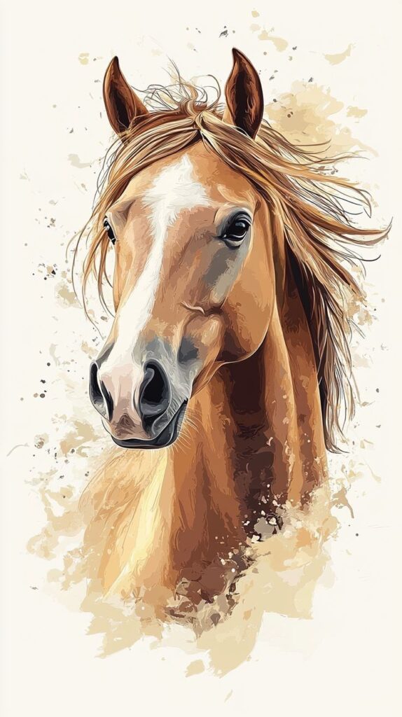 _ - 2025-12-10T130541245 Illustrated portrait of a brown horse with a white blaze, flowing mane, and artistic splatter effect on a neutral background. | Sky Rye Design Illustrated portrait of a brown horse with a white blaze, flowing mane, and artistic splatter effect on a neutral background.