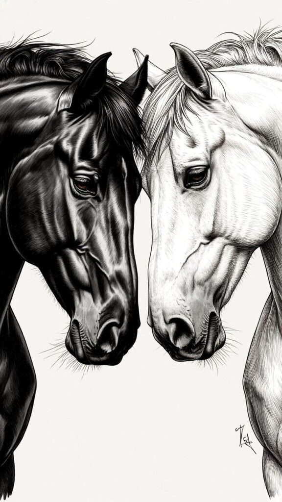 _ - 2025-12-10T131104866 Illustration of a black and white horse facing each other, showcasing detailed textures and contrasts in their coats. | Sky Rye Design Illustration of a black and white horse facing each other, showcasing detailed textures and contrasts in their coats.