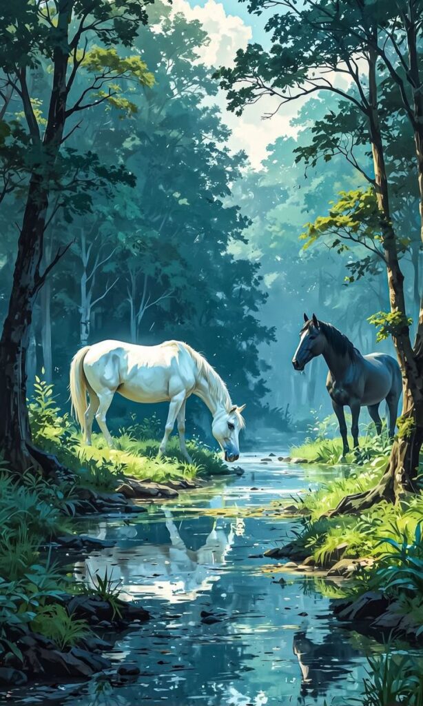 _ - 2025-12-10T131359020 Two horses stand by a tranquil forest stream surrounded by lush greenery, basking in serene morning light. | Sky Rye Design Two horses stand by a tranquil forest stream surrounded by lush greenery, basking in serene morning light.