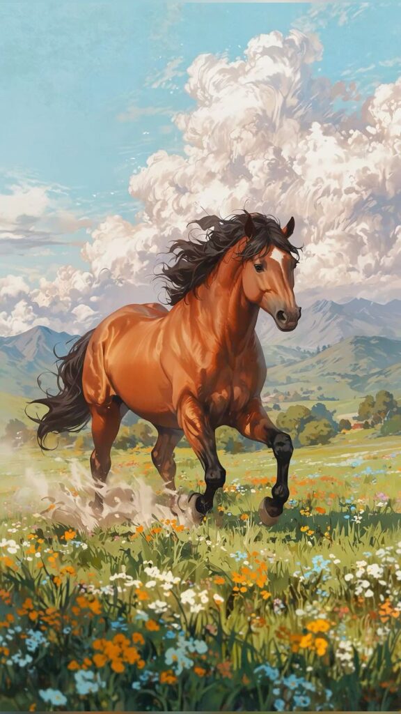 _ - 2025-12-10T132331160 Powerful horse running through a vibrant meadow with a backdrop of mountains and fluffy clouds. | Sky Rye Design Powerful horse running through a vibrant meadow with a backdrop of mountains and fluffy clouds.
