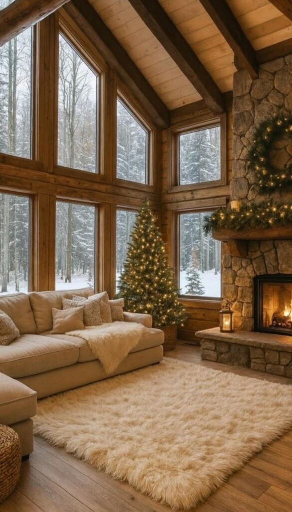 _ - 2025-12-10T133248751 Rustic living room with cozy fireplace, Christmas tree, plush rug, and large windows overlooking snowy forest scenery. | Sky Rye Design Rustic living room with cozy fireplace, Christmas tree, plush rug, and large windows overlooking snowy forest scenery.