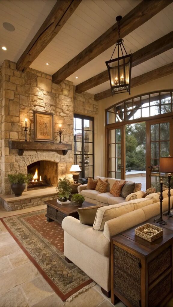 _ - 2025-12-10T133333887 Rustic living room with stone fireplace, wooden beams, cozy beige sofa, decorative cushions, large windows, and elegant lighting. | Sky Rye Design Rustic living room with stone fireplace, wooden beams, cozy beige sofa, decorative cushions, large windows, and elegant lighting.