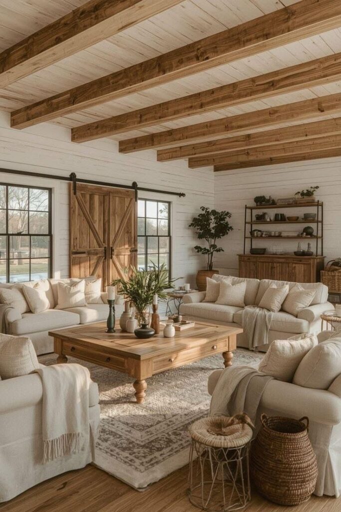 _ - 2025-12-10T133356042 Cozy farmhouse living room with wooden beams, neutral sofas, large coffee table, barn door, and natural light. Rustic and inviting decor. | Sky Rye Design Cozy farmhouse living room with wooden beams, neutral sofas, large coffee table, barn door, and natural light. Rustic and inviting decor. country decor