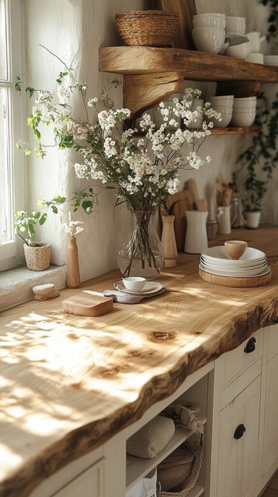 _ - 2025-12-10T133804338 Cozy kitchen with rustic wooden shelves, white ceramic dishes, and a vase of delicate white flowers on a wooden countertop. | Sky Rye Design Cozy kitchen with rustic wooden shelves, white ceramic dishes, and a vase of delicate white flowers on a wooden countertop.