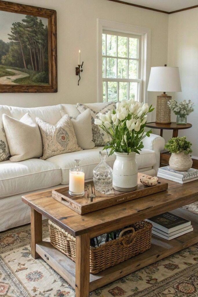 _ - 2025-12-10T133914201 Cozy living room with a white sofa, decorative pillows, wooden coffee table, fresh flowers, candles, and art on the wall. | Sky Rye Design Cozy living room with a white sofa, decorative pillows, wooden coffee table, fresh flowers, candles, and art on the wall.