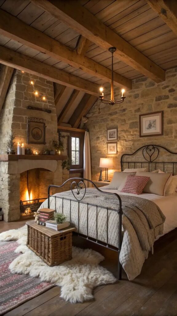 _ - 2025-12-10T134528748 Cozy rustic bedroom with stone walls, a lit fireplace, wooden ceiling beams, and a wrought iron bed, creating a warm, inviting atmosphere. | Sky Rye Design Cozy rustic bedroom with stone walls, a lit fireplace, wooden ceiling beams, and a wrought iron bed, creating a warm, inviting atmosphere.
